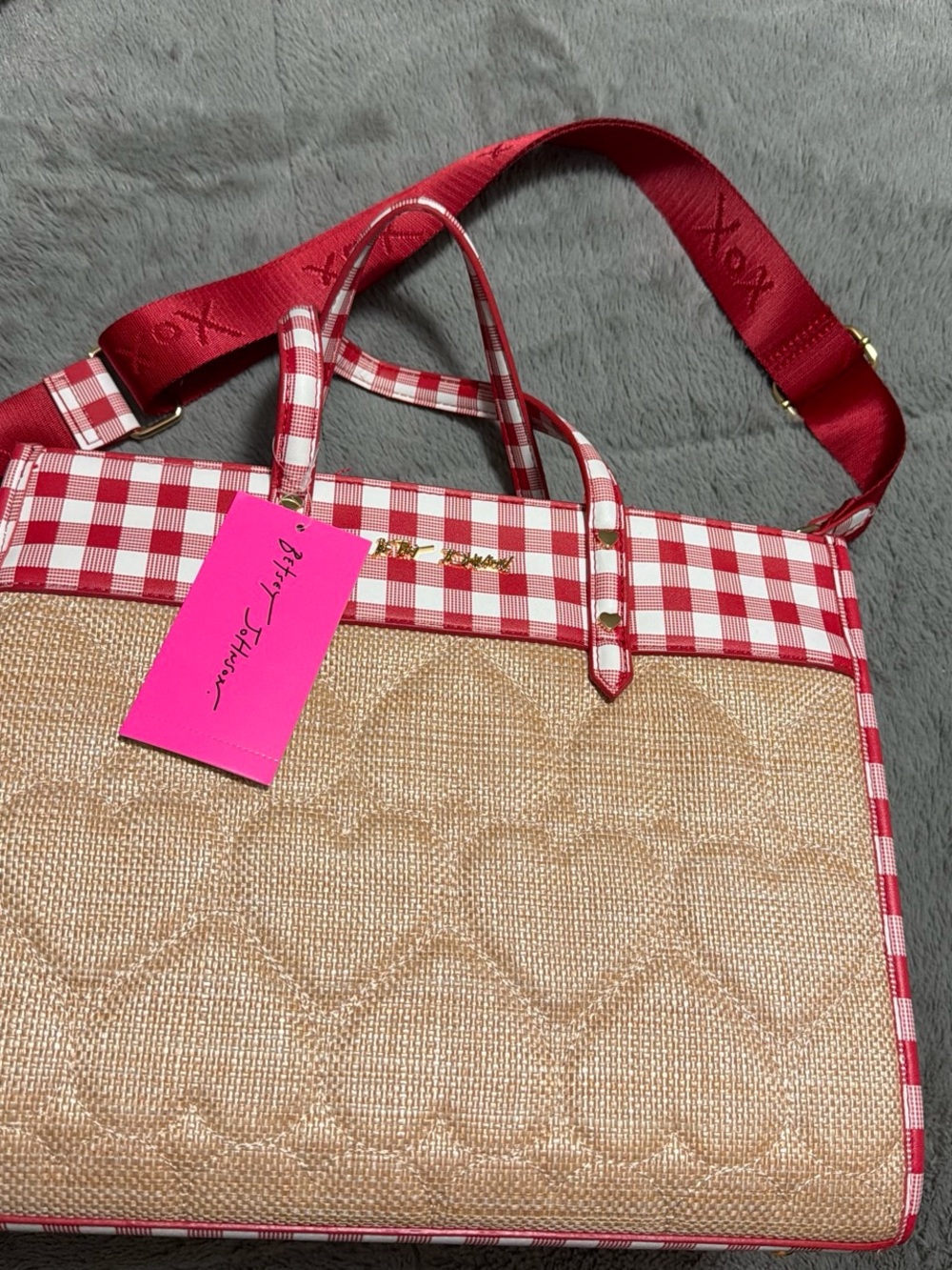 Betsey Johnson Red Gingham Trim Straw Tote with Red Strap